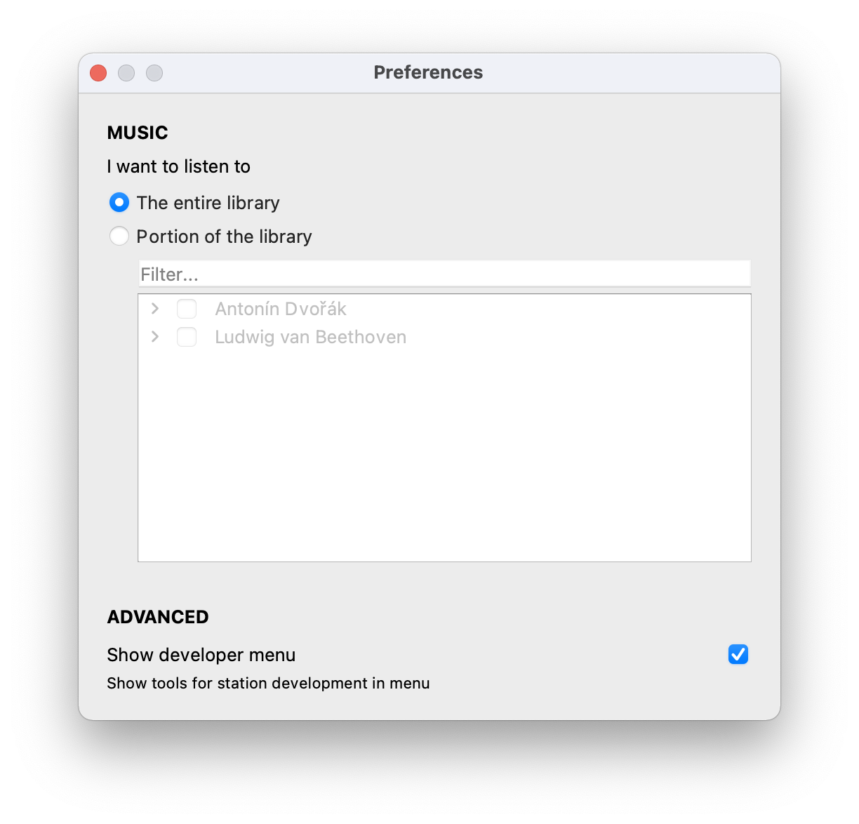 Preferences window
